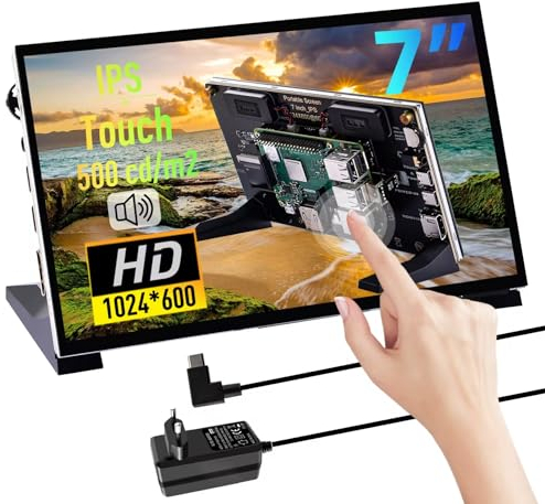 GeeekPi Pantalla Táctil Capacitiva de 7 Pulgadas para Raspberry Pi, Monitor HDMI IPS 1024X600 con Altavoz Dual, Compatible con Raspberry Pi 5/4B/3B+/3B/B+, con Orificios de Montaje