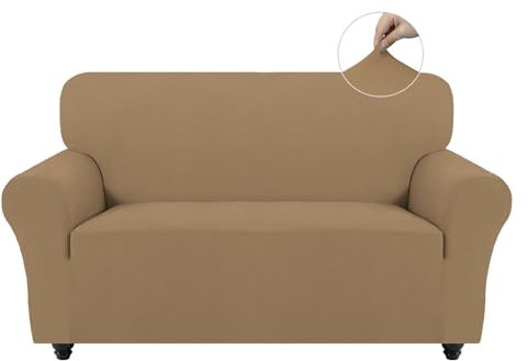 Easy-Going Stretch Sofa Überzug 2 Sitzer, Rutschfester Sofabezug für Hund Katze, Waschbarer Fleece Couch Überzug Bezug, Weicher Küchensofa Couch Cover, 1 Stück Sofaschoner mit Armlehnen, Kamel