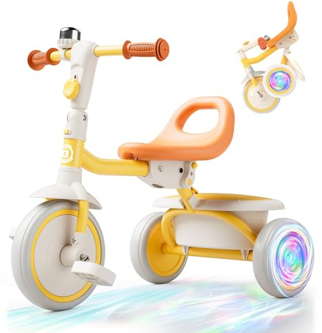 besrey Kinderdreirad mit Blinkrädern für Kinder von 2 Jahre bis 5 Jahren, Kleinkinderdreirad mit Klingel, Kinderdreirad, Geschenk und Spielzeug für Jungen und Mädchen, Gelb