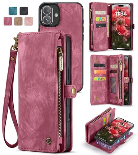 SWP Wallet Case Compatible with iPhone 16, Case w/Magnetic Detachable Cover [8 Card Slots] Clutch Wallet w/Wristlets Money Pocket (Red, 16)