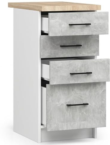BDW - Küchenschrank Weiß/Beton - Schrank Küche mit Arbeitsplatte und Schubladen - Schrank 40 cm breit, 85 cm hoch - Küchenschränke Einzeln, Küchenmöbel Einzelteile