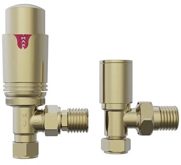 NRG Designer 15mm Brushed Brass Angled TRV Thermostatic Radiator Valves Central Heating Tap and Manual Angled Valves