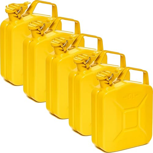BW® Benzinkanister Metall 5x 5 Liter - Kraftstoffkanister Gelb - RAL 1018 - TÜV-geprüft und UN-Zulassung - 0,8mm Stahl nach DIN 7274 für Benzin Diesel E10 2-Takt - Made in Europe