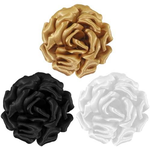 Mecool 4.33 3 Pcs Rose Hair Clip for Weddings Brooch Corsage Hair Head Clip on Flowers for Hair Jewellery Barrette Hair Decorations for Women Accessories | Hair Clips Girls Set-White/Black/Gold