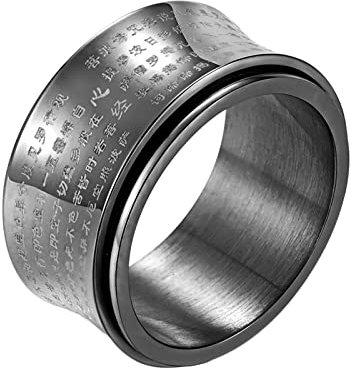 Grewod Ring Fidget Spinner, 12 MM Herren Edelstahl Schwarz Buddha Sutra Schmuck Ringe Größe 57 (18.1)