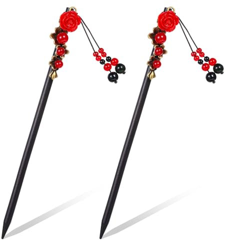 2 Pcs Wooden Hair Pins, Chinese Hair Sticks for Women Retro Handmade Flower Hairpins with Tassel Classic Disk Hair Chopstick Japanese Hair Accessorie for Women Girls Long Hair