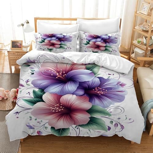 TKCQX Fleur Parure de Lit 90x190 Enfant Fleurs Bleues Violettes Roses 3D Housse de Couette 1 Personne, Fleur Housse de Couette 90x190 Fille Adulte Enfant Parure de Lit en Microfibre
