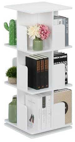 Relaxdays Libreria Girevole, 3 Ripiani, Scaffale Porta Libri, CD e Dvd, Torre Colonna Rotante, HLP: 95x39x39 cm, Bianco, Acciaio, Fibra di Legno