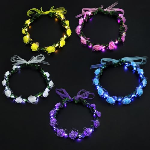 Editbar 5PCS LED Blumenkrone Stirnbänder – Leuchtender Rosen Blumenkranz mit 3 Modi, Verstellbar mit Bändern, 10 Lampenperlen, LED Girlande für Frauen, Halloween, Valentinstag, Strandpartys & Hochzeit