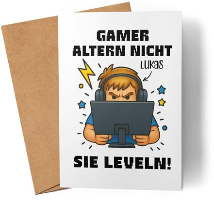 Kiddle-Design Gamer Geburtstagskarte Personalisiert, Lustige Gaming Karte zum Geburtstag, Geschenk für Zocker Männer, Jungs, Nerds – EIN Gamer altert Nicht er levelt
