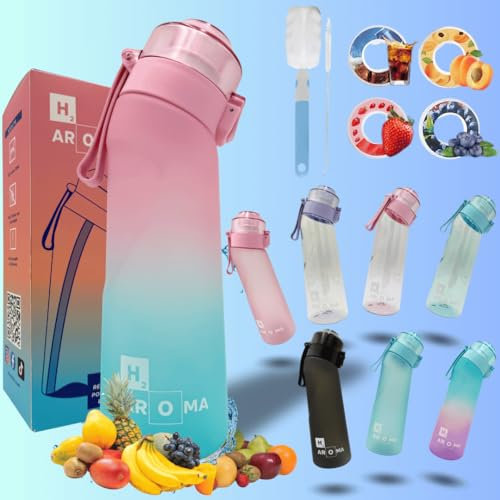 AROMA H20 Bouteille 650ML avec 2 goût pods, 1 paille, 2 brosses. 0 sucres, 0 calories, juste des arômes naturels. (Dégradé rose bleu)