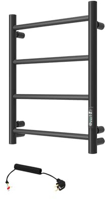 Scaldasalviette elettrico nero, 510 x 400 mm, 45 W, riscaldamento a risparmio energetico, con termostato e timer, IP44, montaggio a parete, compatto e moderno per bagno e hotel