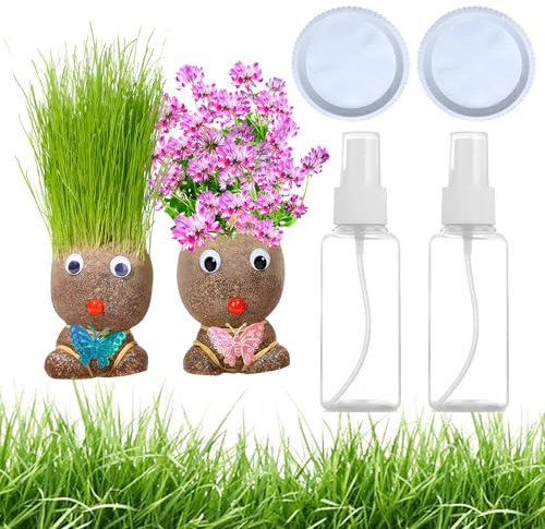 2 PCS Grass Head, Flower Head Grass Head Dolls Plant with Tray & Spray Bottles, Growing Grass Head Doll, Grow Your Own Kits, Home Garden Creative Office Desktop Decor