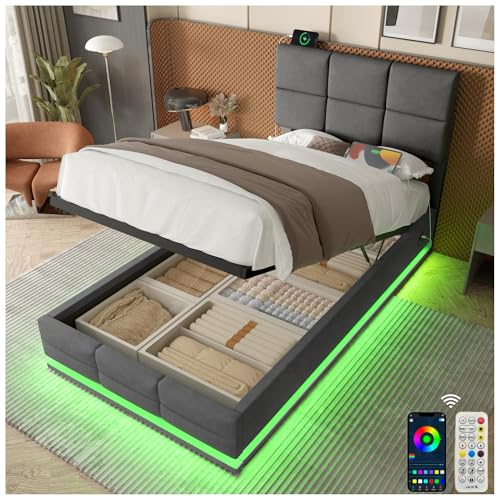 Lubvtti Letto imbottito con LED e porte USB&Type-C,letto singolo con contenitore idraulico e testiera regolabile in altezza,letto contenitore singolo,velluto (grigio,90x200)