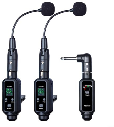 UHF Saxophon Wireless Microphone System, 570-590MHz with 16 Selectable Channels, <6ms Low Latency & Condensator Mic for Live Performance (Includes Receiver/Transmitter/Adapter/USB Cable)(One and Two)
