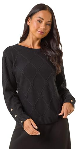 Roman Petite Button Cuff Knit Jumper for Women UK - Ladies Everyday Autumn Winter Round Neckline Comfy Soft Evening Vacation Work Party Night Out - Petite Black - Size 14