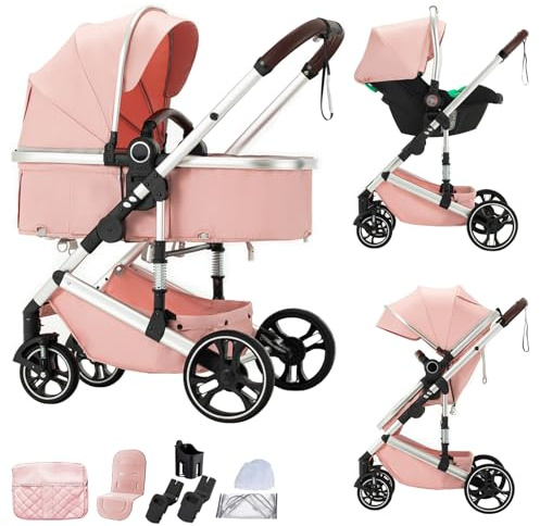 BEBBY 3-in-1 Kinderwagen KombiKinderwagen-Set 2-in-1 Buggy faltbar Luxus Hochlandschaft Neugeborenes Tragbarer Zusammenklappbarer Kinderwagen Travel System (H9-PINK, H9 Eintastfalten)