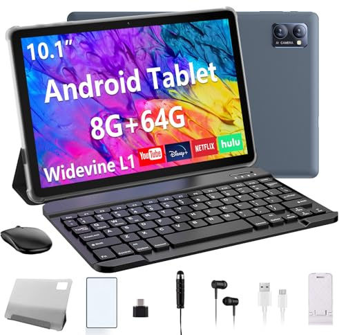 N-one 10 Inch Android Tablet, 8GB RAM 64GB Storage 5000mAh WiFi IPS HD Screen 5MP Camera – Ideal for Students Business and Kid+Keyboard Mouse Case
