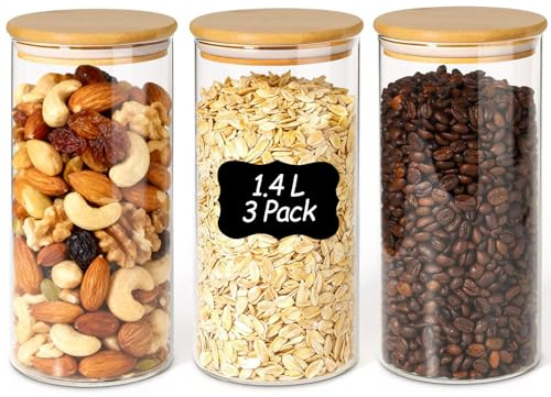 ComSaf Glasbehälter Vorratsgläser mit Deckel für Cornflakes 1,4 L, 3er Set | Vorratsdosen, Mehl, Zucker, Müsli, Backzutaten, Küchenregal, tägliche Vorratsorganisation