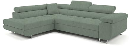 Ecksofa mit Schlaffunktion PASTI L-Form, Sofa Couch mit Bettkasten, 3-Sitzer Eckcouch, Schlafsofa für Wohnzimmer, Big Sofa Couch mit Schlaffunktion (Easy Clean Salbeigrün, Ottomane Links)