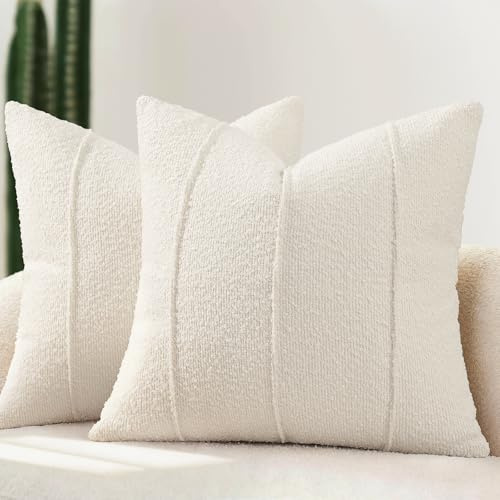 YCOLL Bouclé Kissenbezug 40x40 2er Set, Weiche Struktur Kissenbezüge mit Streifen, Moderne Kuschelige Dekokissen für Sofa, Couch & Bett, Kissenhüllen für Wohnzimmer, Creme