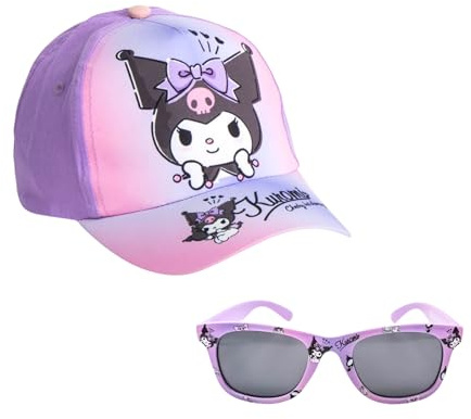 Hello Kitty Kuromi Set da Cappello da Baseball e Occhiali da Sole per Ragazze, Occhiali da Sole con Protezione UV, Berretto per Bambine