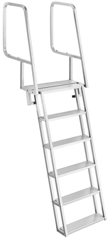 VEVOR Flip-Up Dock Ladder, 6-Step, Heavy-Duty Aluminum Alloy Pontoon Boat Swim Ladder, with Non-Slip Wide Steps, 350 lbs Weight Capacity, Pull Rope Assist, Comfort Use for Lake Pool Marine Boarding