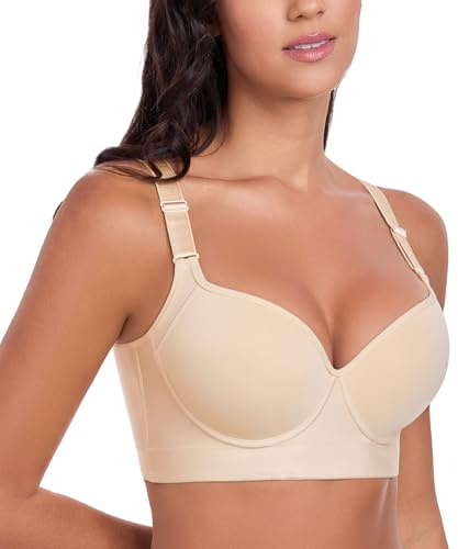 Lemorosy Women's Push Up Underwire Hide Back Fat Smoothing Bra | Wide Back & Side Support, Plunge Deep v, Wired Uplift, Full Coverage, v Neck, Front Adjustable Flash Shoulder Wide Straps