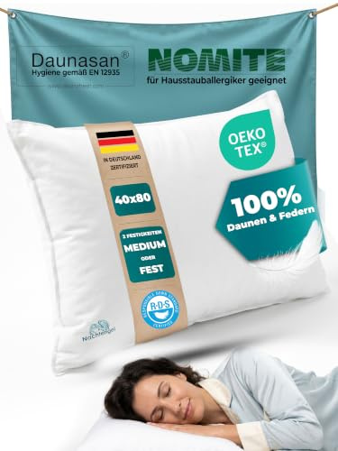 Nachtengel Daunenkissen 40x80 – 3-Kammer, Medium 800g | Federkissen 100% Daunen & Federn, 100% Baumwollbezug, Oeko-Tex geprüft, allergikerfreundlich, DE-zertifiziert – 40x80, 800g