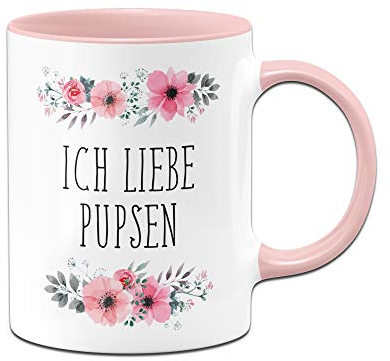 Tassenbrennerei Tasse mit Spruch Ich Liebe Pupsen, furzen in rosa blumig - Bürotasse, Sprüchetasse, Tassen mit Sprüchen lustig (Rosa)