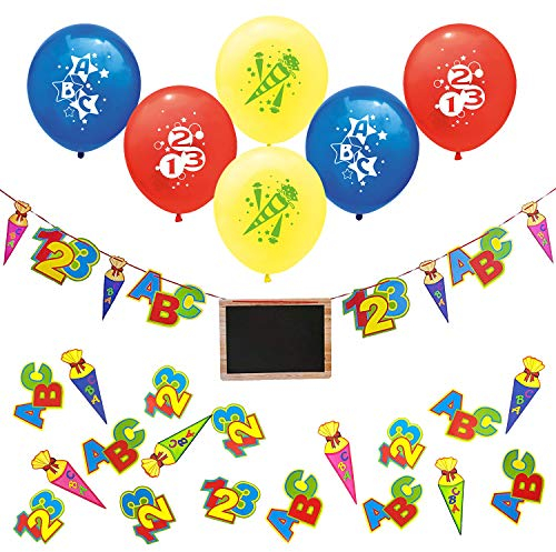 Oblique Unique® Schuleinführung Schulanfang Einschulung Deko Set für Junge und Mädchen - ABC 123 Zuckertüte Girlande mit Tafel + Luftballons + Konfetti