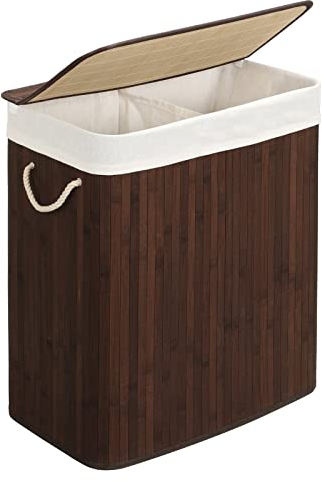 SONGMICS Wäschekorb 2 Fächer, 100 L Wäschesammler mit Deckel, Wäschebox Bambus, mit Griffen, faltbar, Wäschesack herausnehmbar maschinenwaschbar, Waschküche, braun LCB72Z