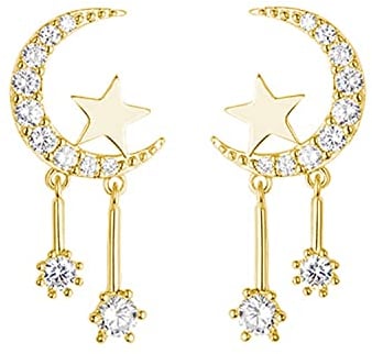 Reffeer Solid 925 Sterling Silver Crescent Moon Star Earrings Studs for Women Earrings CZ Moon Studs Earrings Star Tassel Earrings (B-18K Gold Plated)