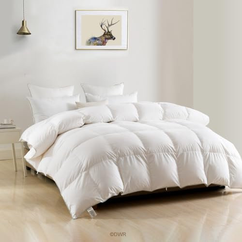 DWR Luxuriöse King-Size-Gänsefedern Daunendecke, ultraweicher ägyptischer Baumwollbezug, 750 Füllkraft, mittleres Gewicht für alle Jahreszeiten, Flauschige Bettdecke mit Bändern (274x228 cm, weiß)