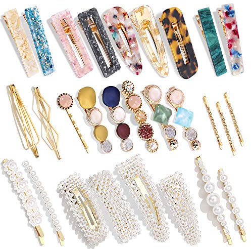 Lot de 28 pinces à cheveux Charwah en perles et résine acrylique faites à la main en marbre avec strass géométriques - Accessoires pour cheveux élégants dorés - Cadeaux pour femmes et filles