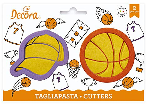 Decora 0255049 Set 2 Tagliapasta Basket, Pallone da Basket e Cappello, Il Kit Ideale per Creare Decorazioni in Pasta di Zucchero o di Gomma, Made in Italy, Design originale. Confezione da 2 pezzi.