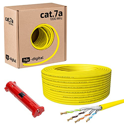 hb-digital Cable de red de 25 m CAT.7a, amarillo, Ethernet, LAN, AWG23, cobre puro, S/FTP, PiMF, LSZH, libre de halógenos, conforme a RoHS, cable de datos PoE 10 Gbit/s, máx. 1200 MHz + pelacables