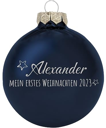 Deitert Weihnachtskugel mit Wunschtext Gravur, Ø 8cm, personalisierte Christbaumkugel aus Glas (glänzend), Individueller Weihnachtsbaumschmuck Namen oder Spruch, Mein erstes Weihnachten, Blau
