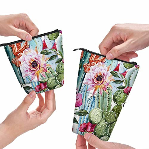 Swono Kaktus Floral Pencil Case Bright Tropical Flowers Roses Cacti Watercolor Standing Pencil Case Pencil Holder Pencil Pouch Cosmetics Pouch Makeup Office Bag Colorful