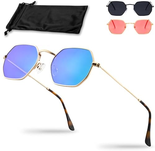 Netrox® Eckige Sonnenbrille Metallrahmen + Etui und Microfaserbeutel | UV400-Schutz | Unisex für Herren und Damen, Sonnenbrillen, Sunglasses, eckig, retro, blau