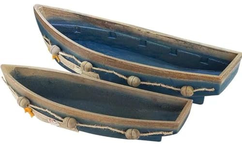 Konjouror Wooden Boat Tray Display，2 Pack Blue Boat Model Decoration, Nautical Beach Ocean Decor,