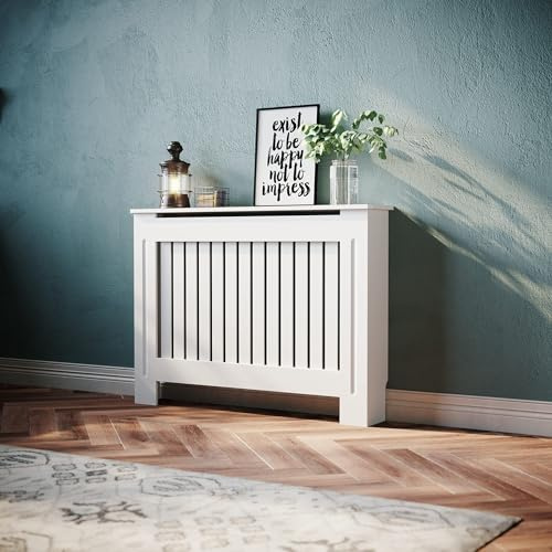 SONNI Cubre Radiadores Blanco 112x19x81.5 cm con Lamas Verticales,Cubreradiadores Modernos Madera MDF Rejilla