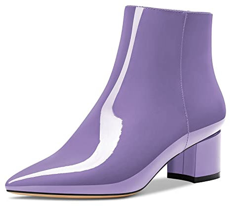 HDEUOLM Femmes Bloc Chunky Talon Heel Pointu Bout Bottines Fermeture à Glissière Slip-on Classique Dress Bottes 5 CM Heels Violet Vernis 44 EU