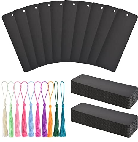 WANDIC Blanko Lesezeichen, 60 Stück Schwarze Leeres Lesezeichen & 60 Stück Bunte Quasten, mit Loch, Basteln Papier Rohlinge Set für DIY Handwerk Projekte Geschenkanhänger