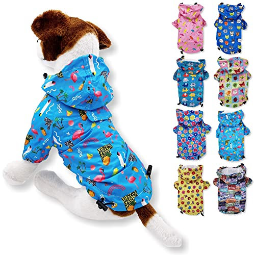 Hunde-Regenmantel mit Kapuze und Leine, wasserdicht, Regenjacke, Regenbekleidung für kleine Haustiere, Katzen, Welpen (Größe XXS: Länge – 20,3 cm, Blau Flamingo)