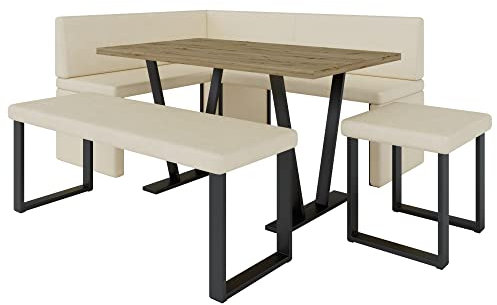 Eckbank Akiko Metal mit Tisch und Bänken - Eckbankgruppe für Ihrem Esszimmer, Küche modern, Sitzecke, Essecke. Perfekt für Küche, Büro und Rezeption. Solide Verarbeitung (Soft 18, 196x142 Links)