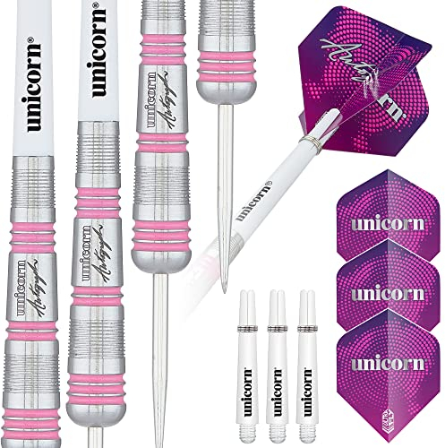 Unicorn Steel Tip Darts Set | Autograph Series Style 3 | 80% Natural Tungsten Barrels with Pink Accents | 25 g
