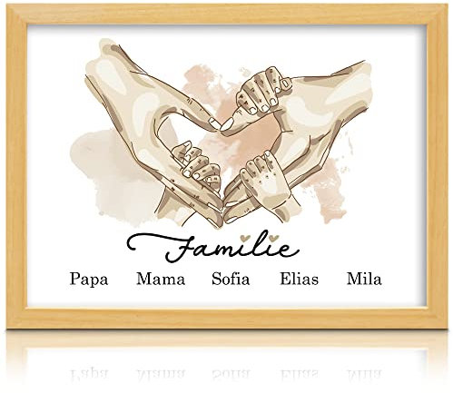 Milaboo® Familienposter personalisiert Herzhände A4 I besonderes Geschenk zur Geburt, Taufe, Mama, Papa, Oma und Opa I (5 Hände beige Ohne Bilderrahmen)