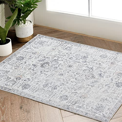 TOPICK Läufer 60x150cm Grau Teppiche Vintage Teppichläufer Flur Retro Faltbar Dünner Waschbar Teppich Multi Floral Boho rutschfeste für Innenbereich Badezimmer Küche Schlafzimmer Wohnzimmer