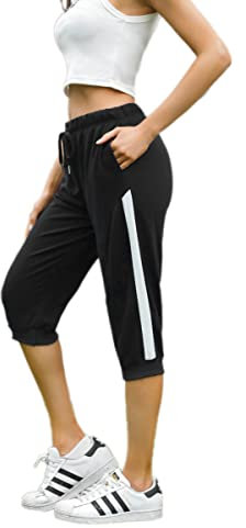 Bresdk Pantalon Sport Femme Léger 3/4 Pantacourt Jogging Décontracté Pantalons Survêtement Capri Pants été, Noir, M
